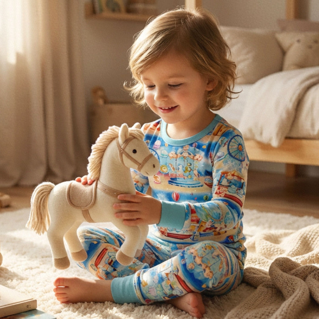 Child wearing bamboo pajamas with an underwater carnival print