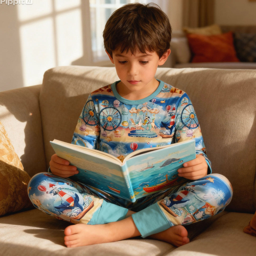 Child reading a book sitting on the couch wearing bamboo pajamas with an underwater carnival print