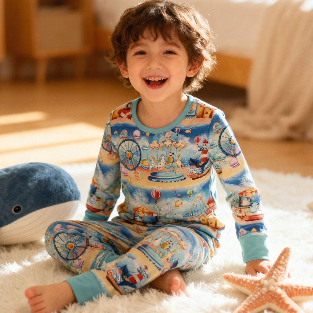 Child laughing while wearing bamboo pajamas with an underwater carnival print