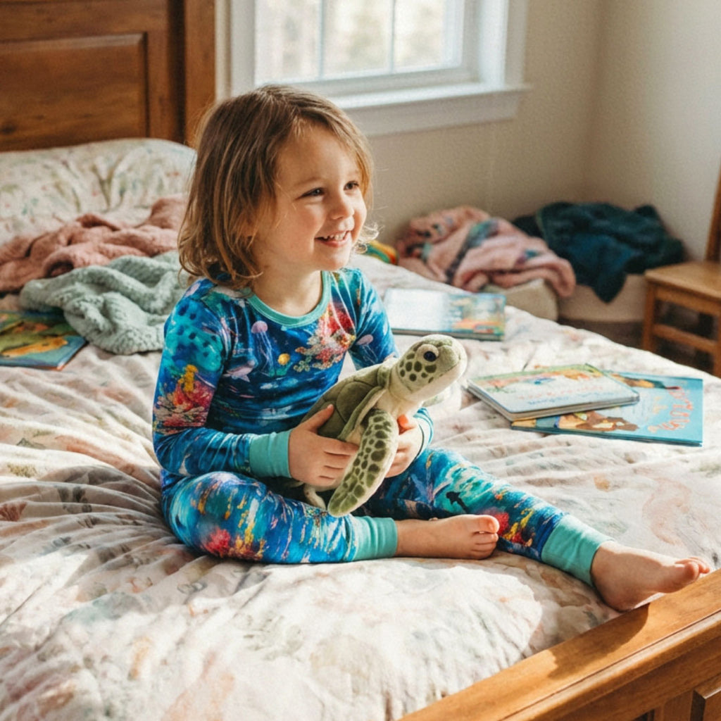 Child in ocean-themed bamboo pajamas holding a turtle plush toy on a bed.
