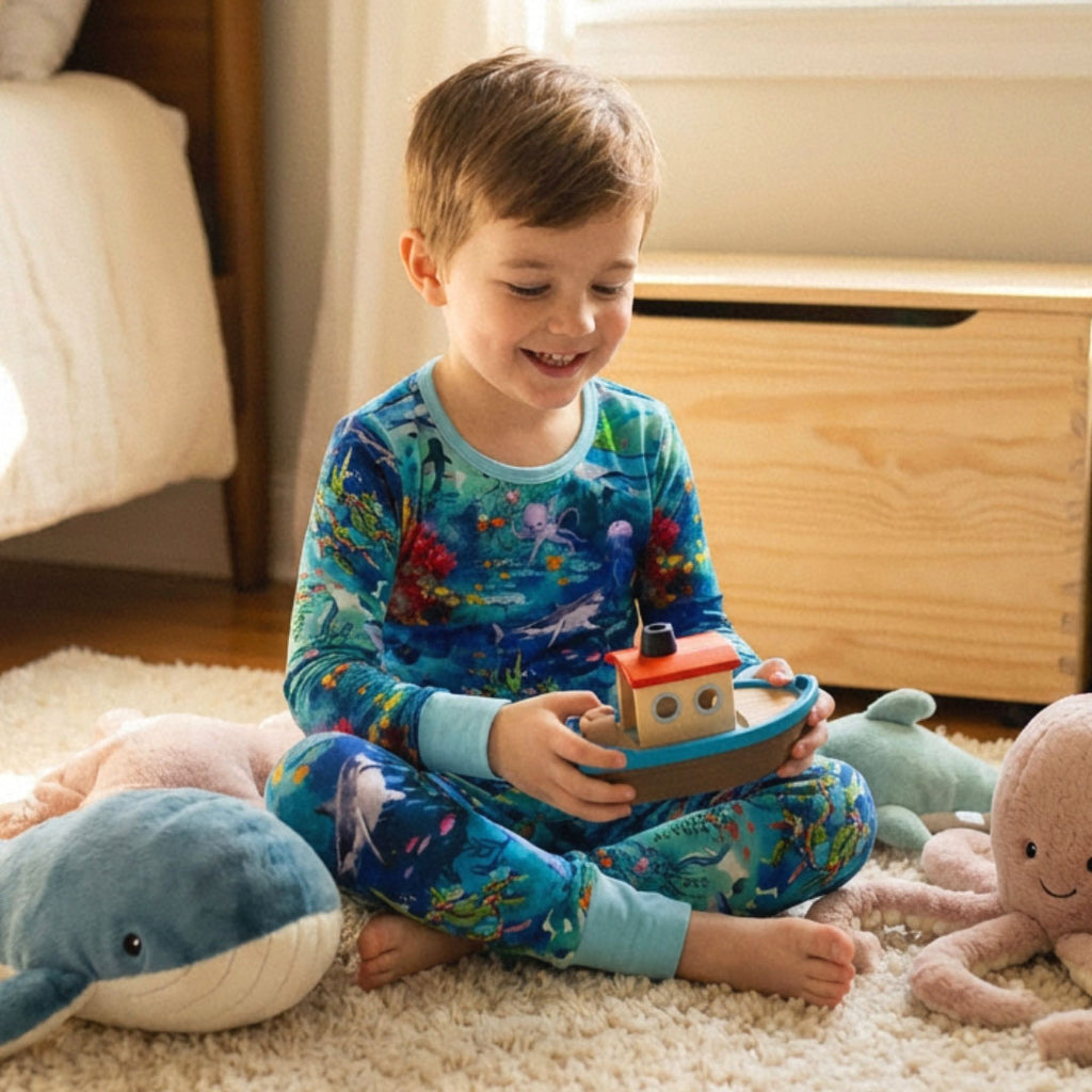 Child wearing bamboo pajamas playing in his room wearing ocean-themed Kai Blue Bamboo