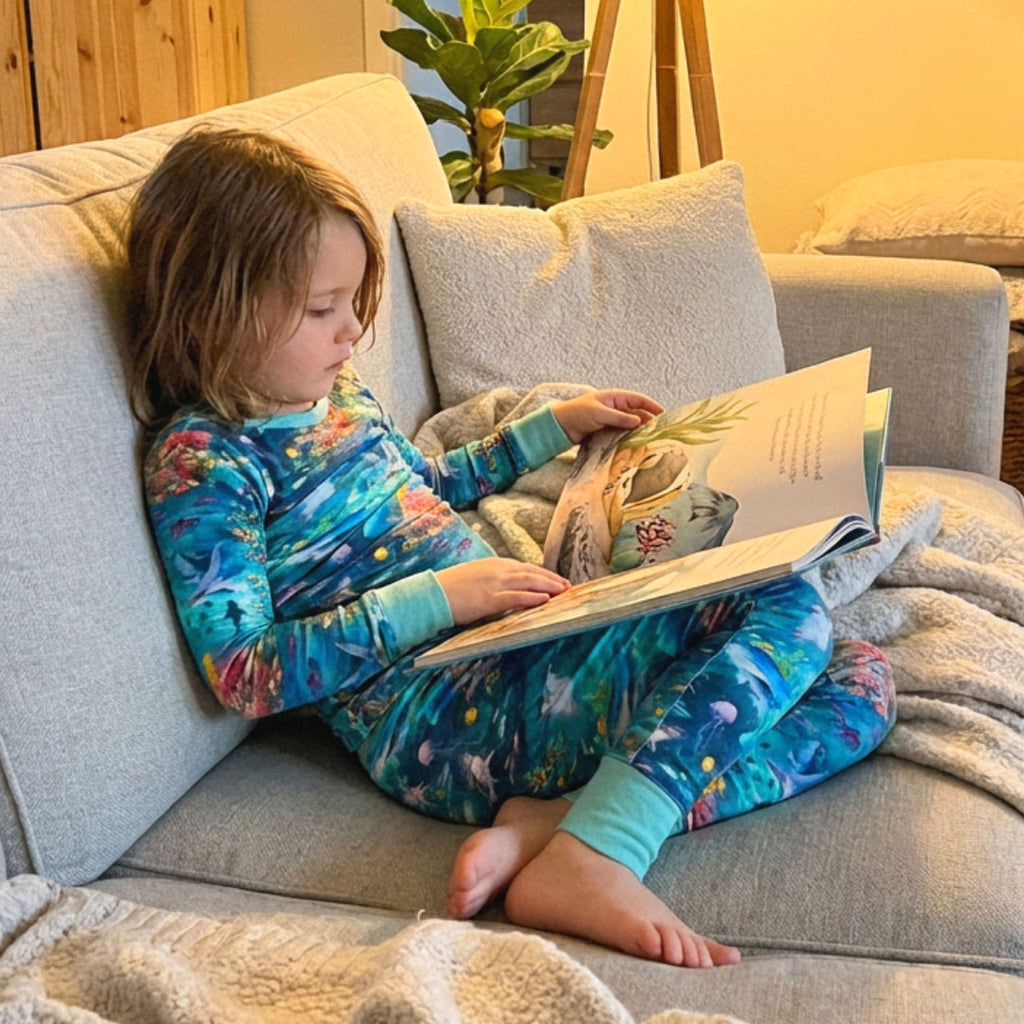 Child in bamboo pajamas reading a book on a couch wearing Open Ocean 2.0 Kai Blue Bamboo