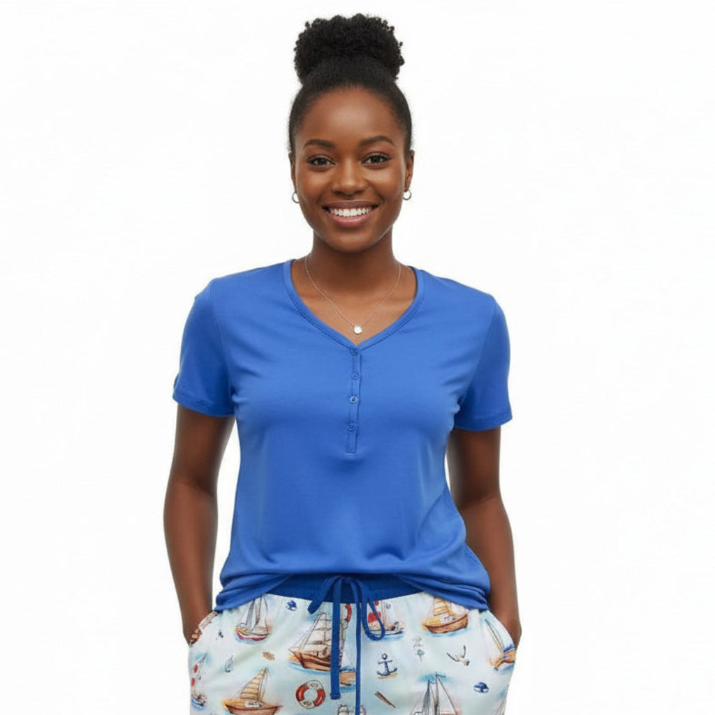 Woman wearing bamboo dejavu blue by Kai Blue