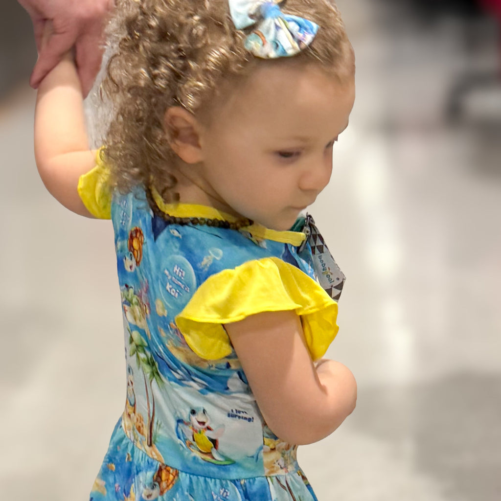 Bamboo peplum top and shorts set - kai blue- meet kai - yellow dolphin shorts