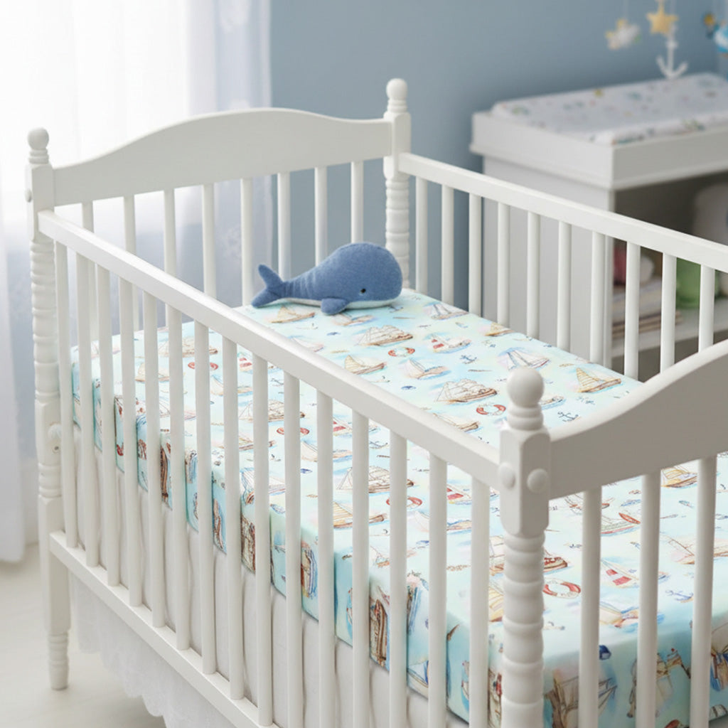 Bamboo crib sheets with sailboats