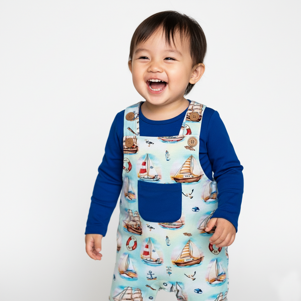 Child wearing a blue long-sleeve shirt and apron with sailboat pattern on a white background