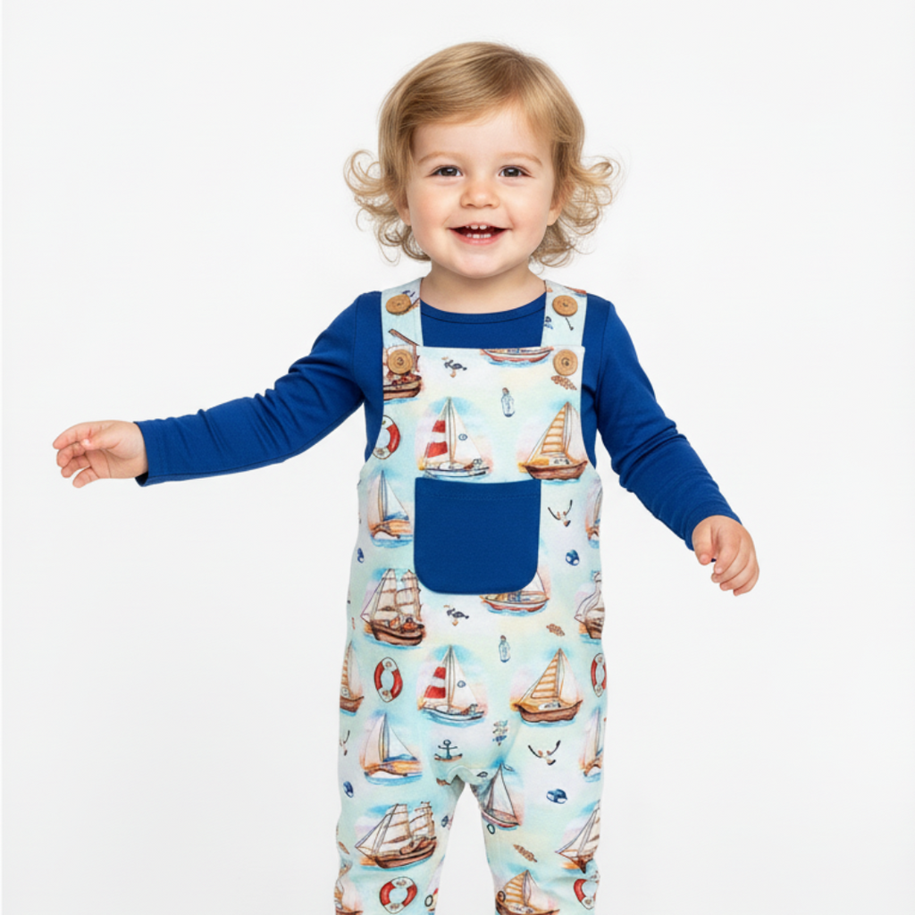 Child wearing overalls from Kai Blue with Sailboats