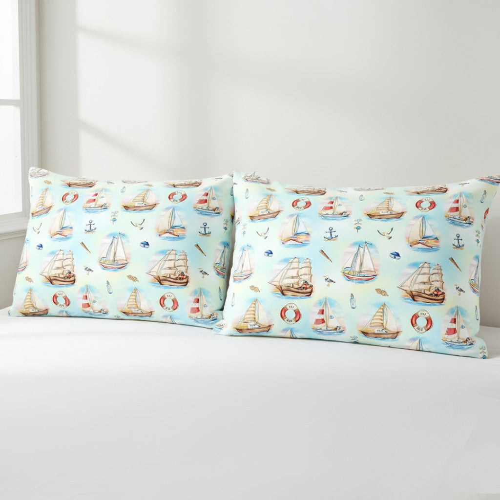 Two bamboo pillow cases with Kai Blue's Seas the Day Print - Sailboats