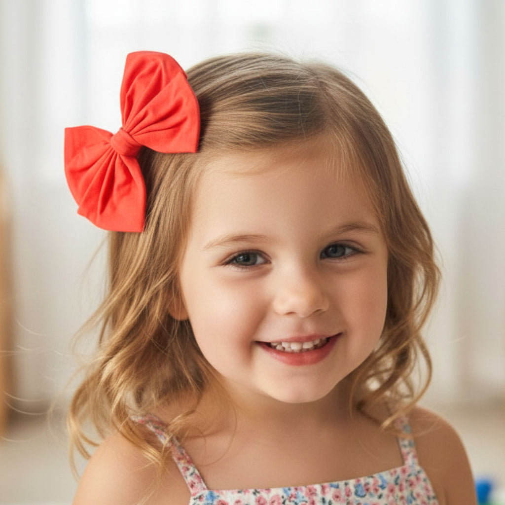 Young girl with a large red bow in her hair, smiling.