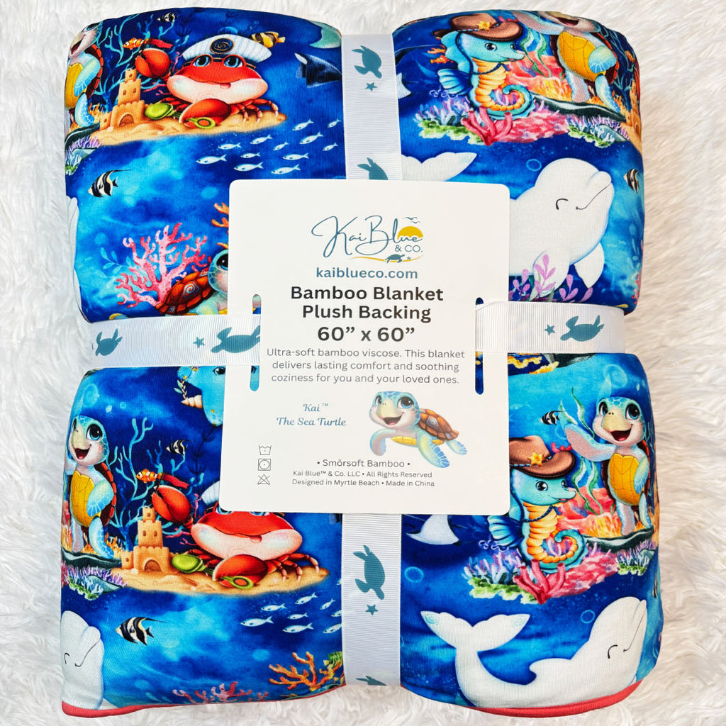 Bamboo Blanket with white plush backing in underwater sea print -front view - Kai Blue
