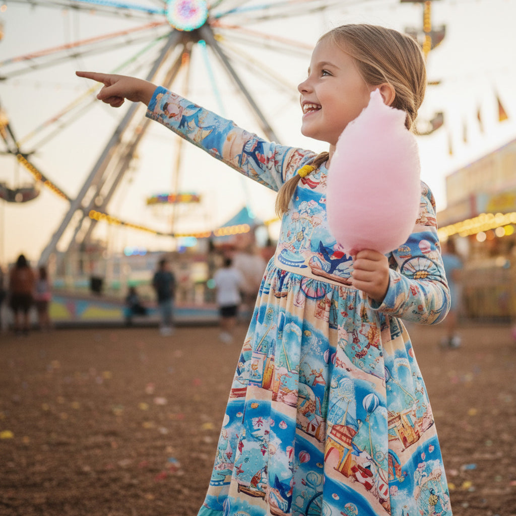 Young girl in a bamboo dress having an underwater carnival print holding pink cotton candy at an amusement park