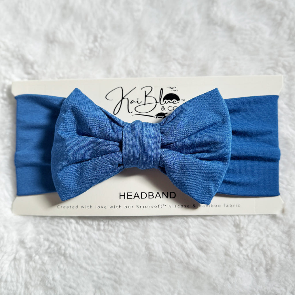 Bow Headband in Deja Vu Blue Front View