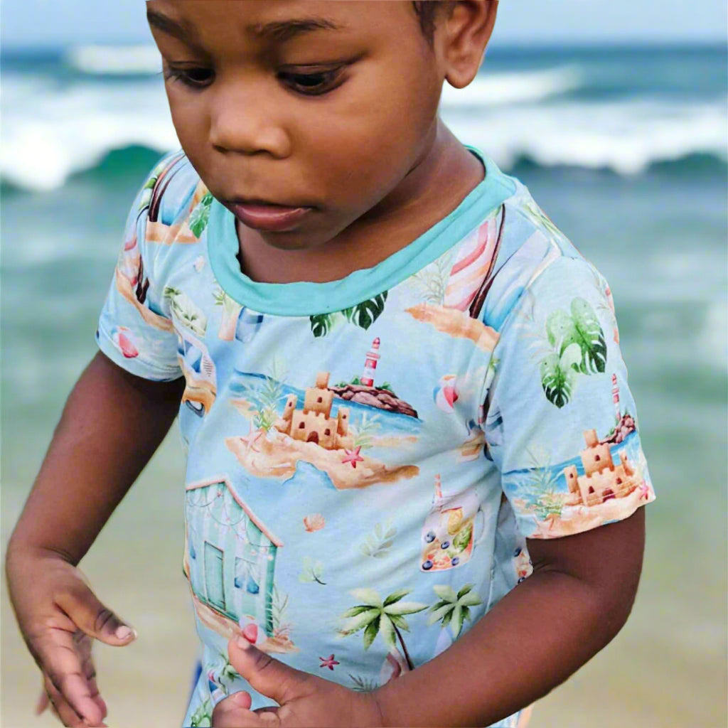 Boy wearing Kai Blue Pray for Surf 2PC PJs
