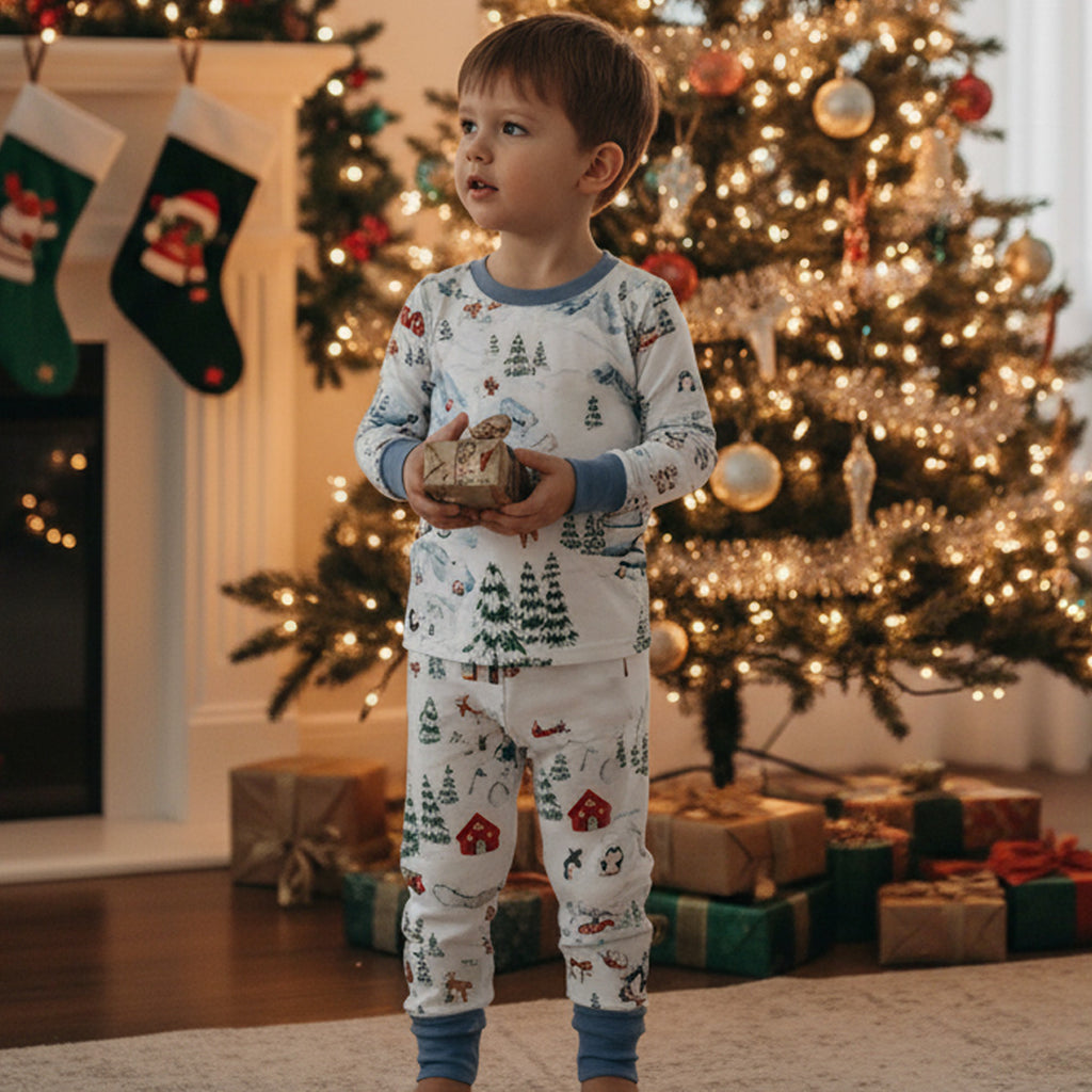 Child wearing Bamboo Christmas Pajamas in front of Christmas Tree