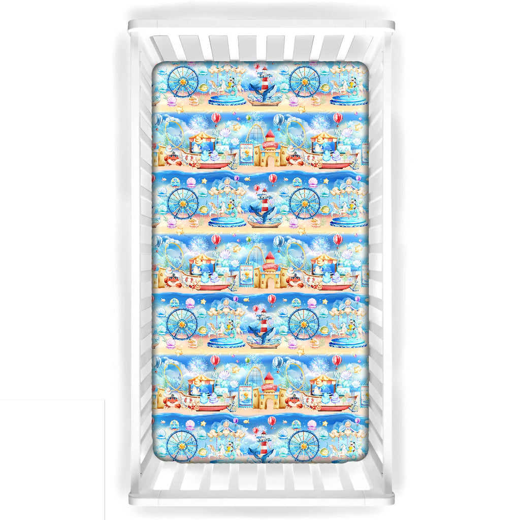 Baby crib with an underwater carnival print