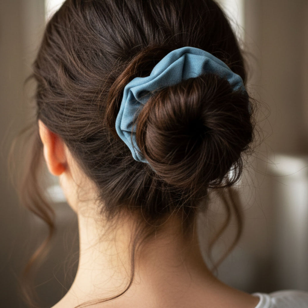 Person with a blue scrunchie in their hair, blurred background