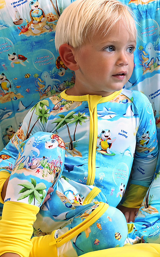 Maverick wearing Meet Kai Bamboo Zippy