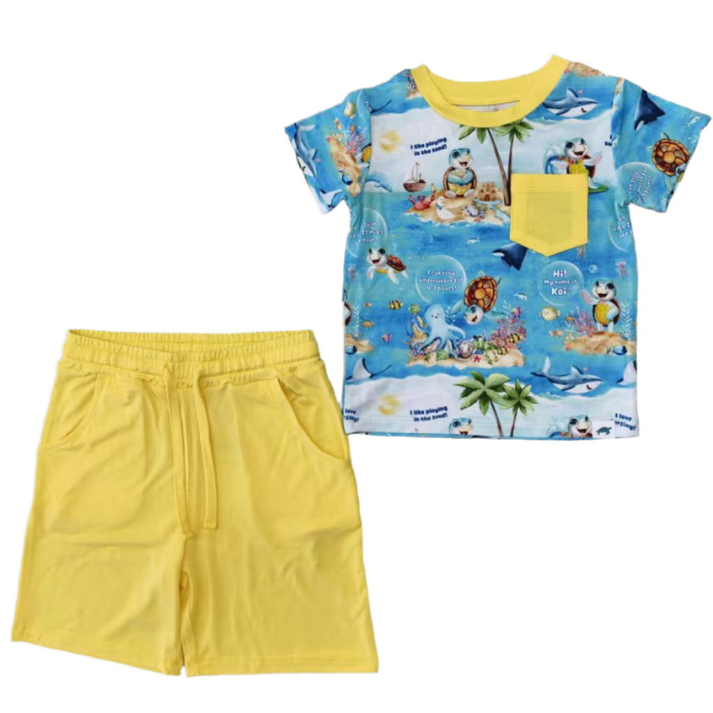 bamboo pocket shorts and tee shirt with Kai the Sea Turtle