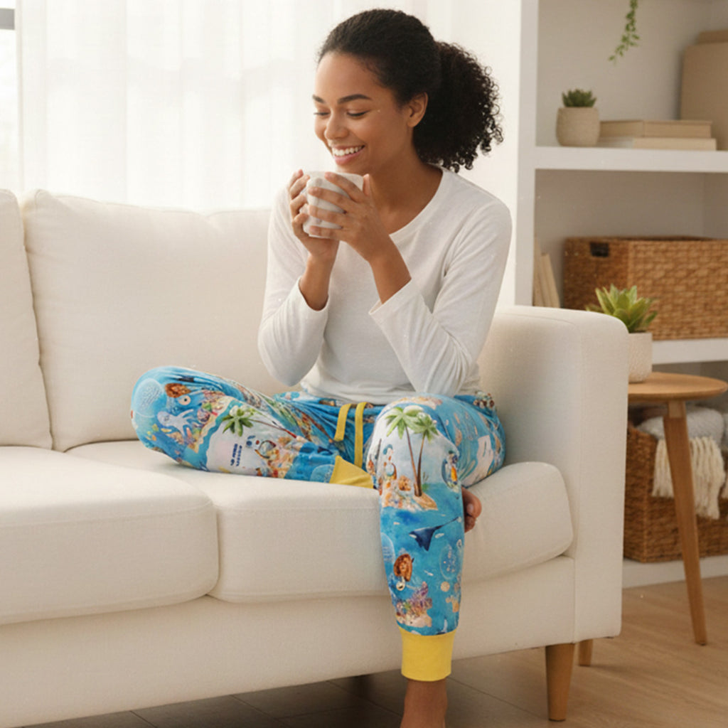 Meet Kai Adult Joggers on Woman Sitting on Couch Drinking Coffee