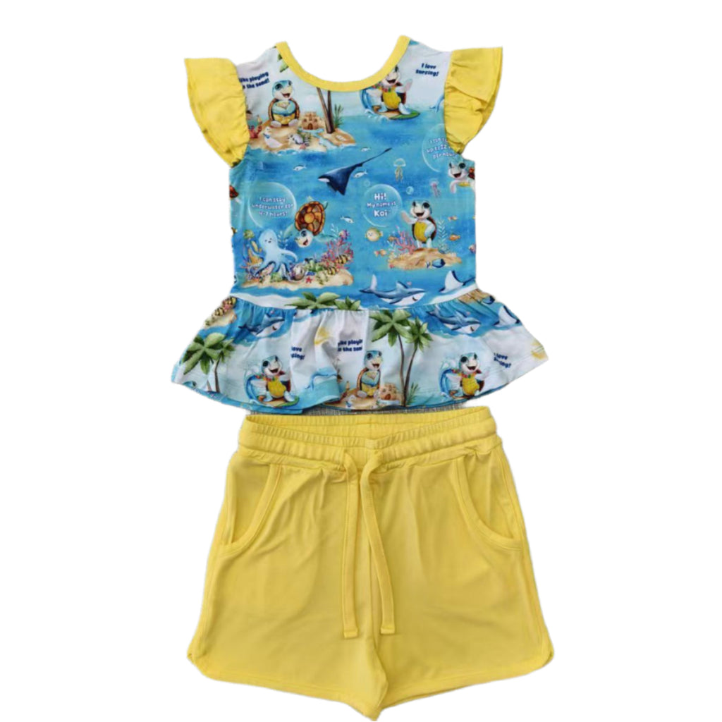 Bamboo peplum top with dolphin shorts set with Kai the Sea Turtle
