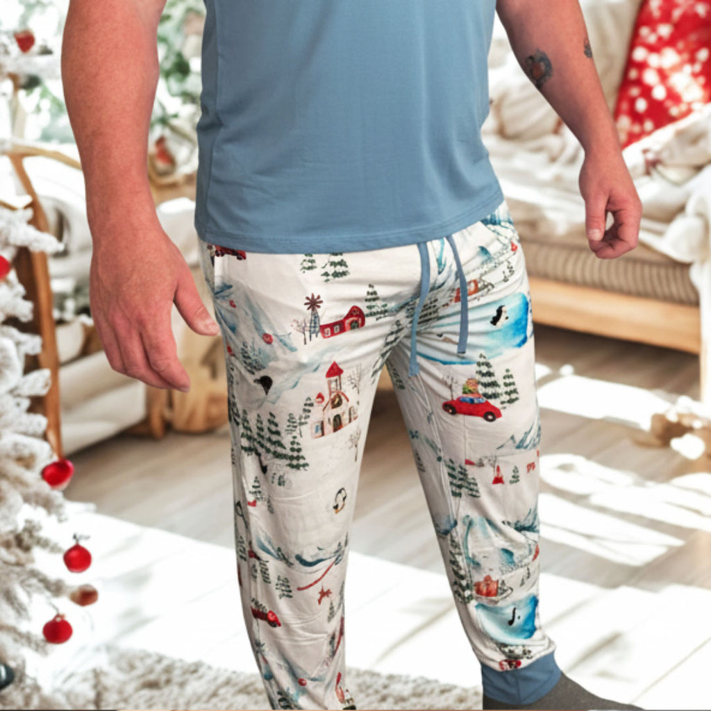Man wearing bamboo jogger pants with winter print