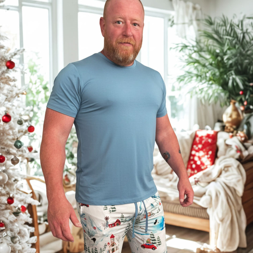 Man wearing bamboo tee shirt in frosty blue with winter bamboo joggers