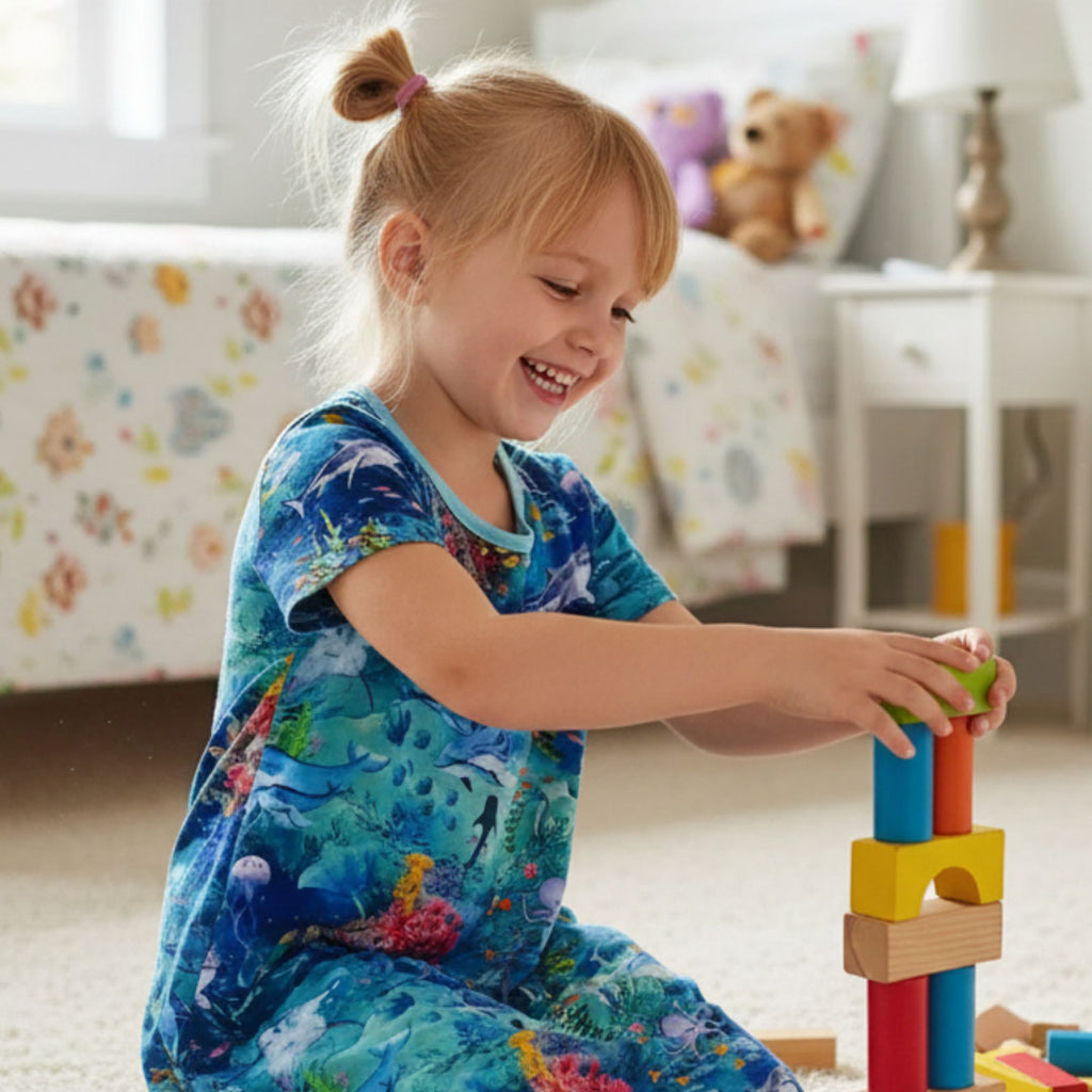 Child playing with colorful blocks in a room wearing ocean-themed sleep dress.