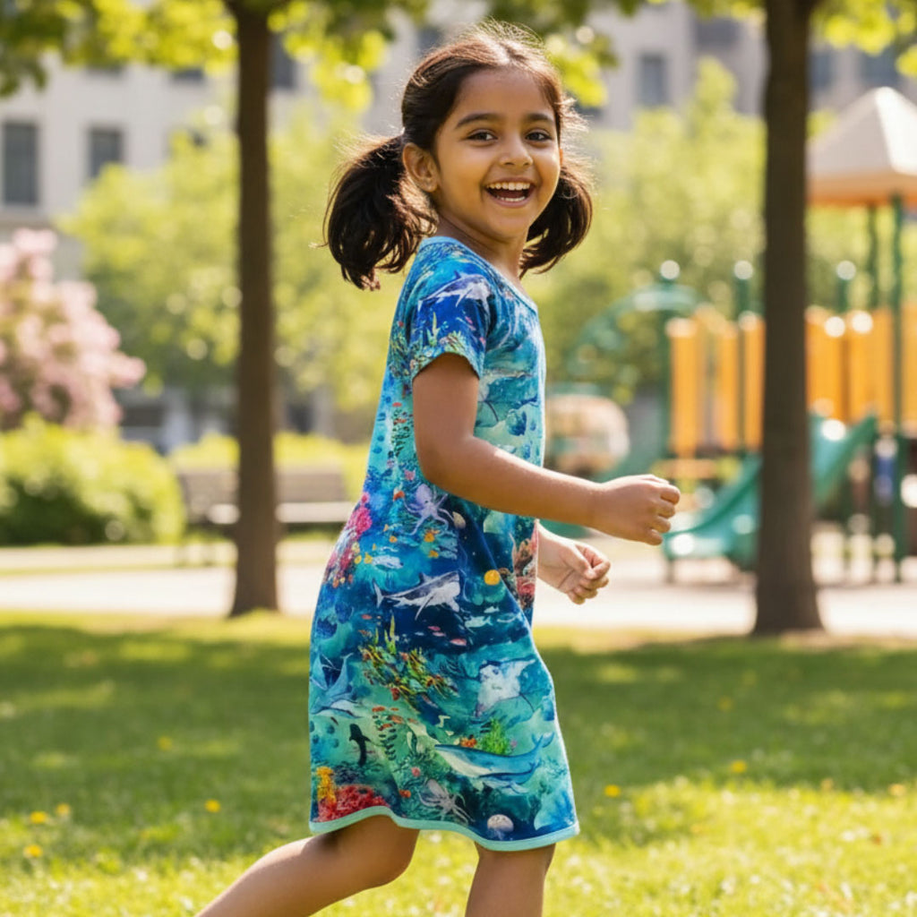 Young girl in a colorful ocean themed bamboo sleep dress running in a park