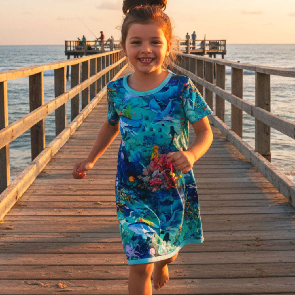 Young girl in n ocean-themed nightgown dress running on a wooden pier by the ocean at sunset.