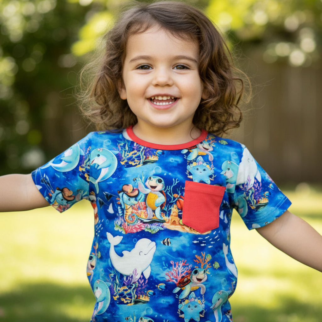 Child wearing Kai Blue™ Bamboo Pocket Tee Shirt