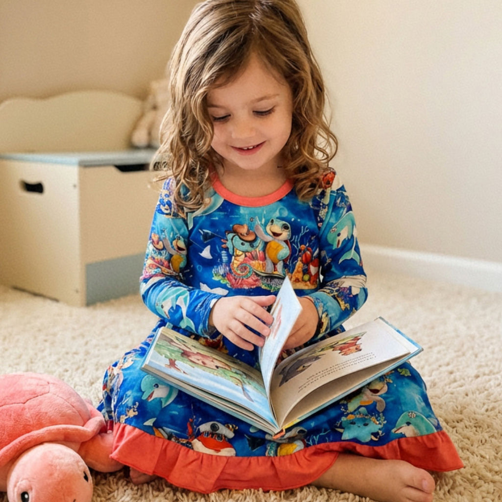 Child wearing ocean-themed bamboo dress, reading a book.