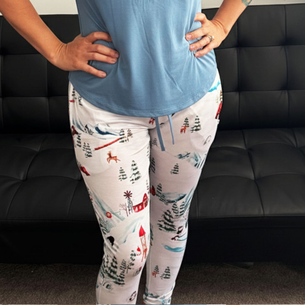 Woman wearing bamboo joggers in winter print