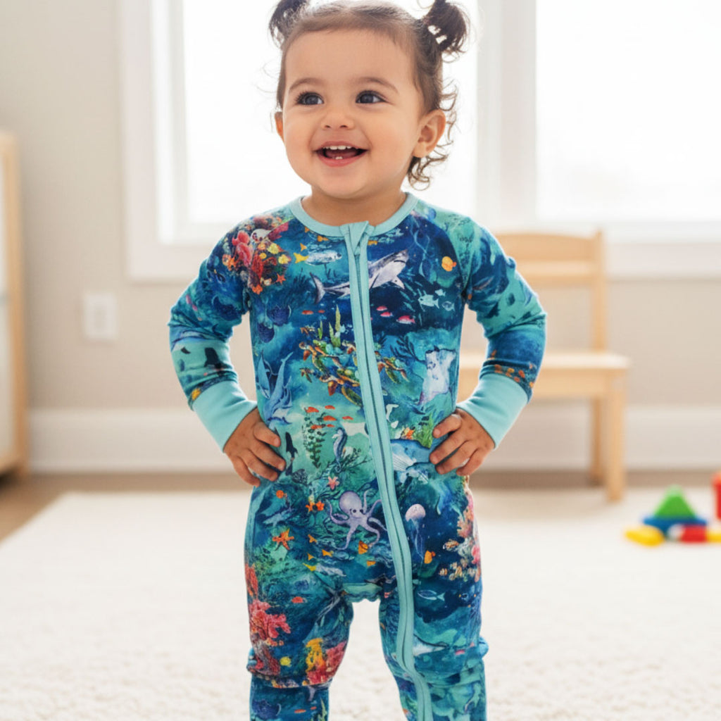 Little girl wearing ocean-themed bamboo zippy from Kai Blue
